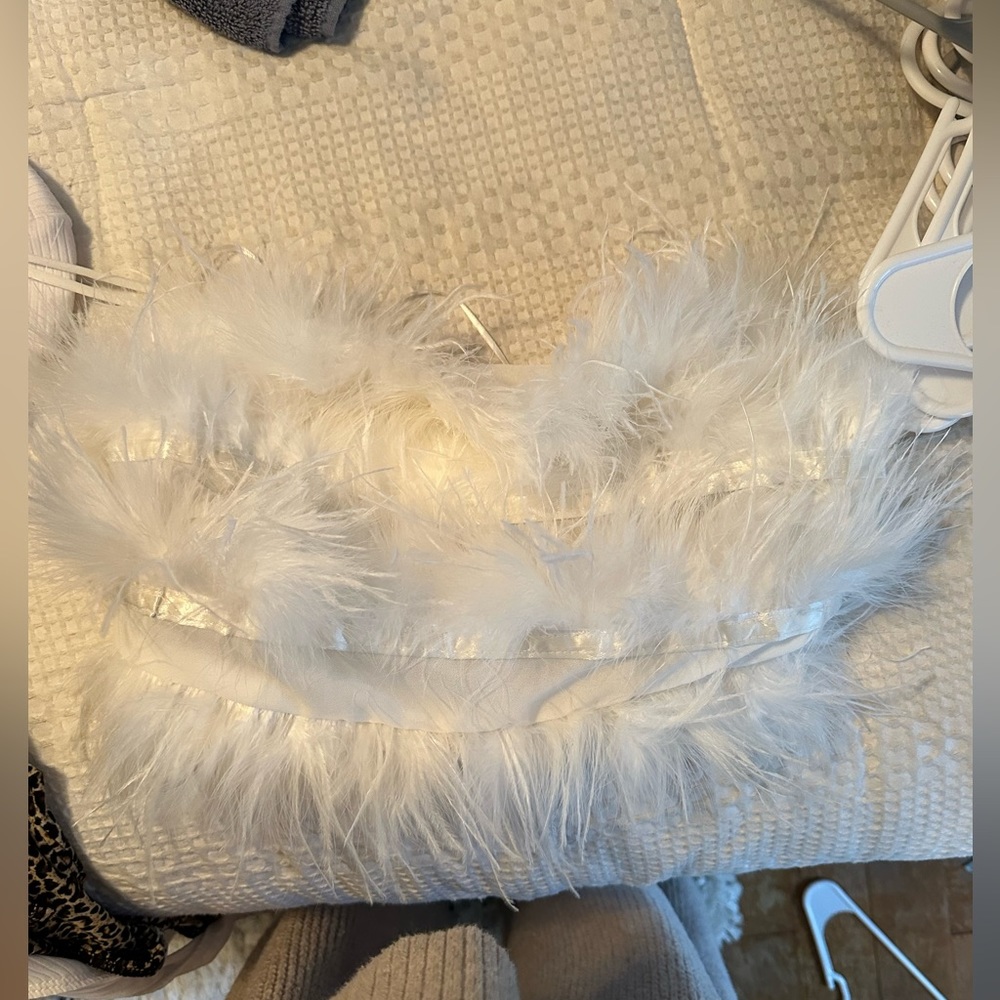 White Faux Fur Strapless Crop Top with Tie Back